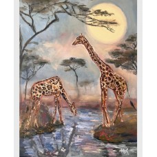 "Giraffes at the Waterhole" is an atmospheric oil painting by Ukrainian artist Marina Stognieva